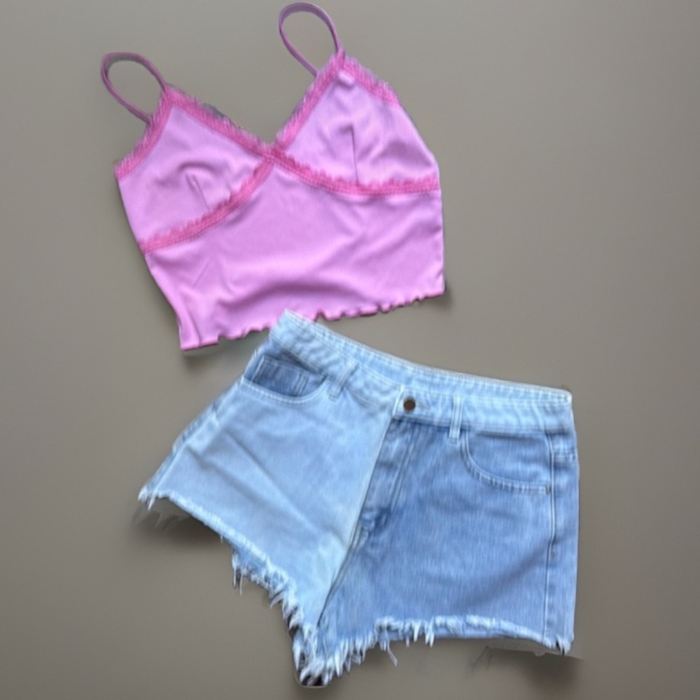 Shein large denim cut off shorts and crop cami